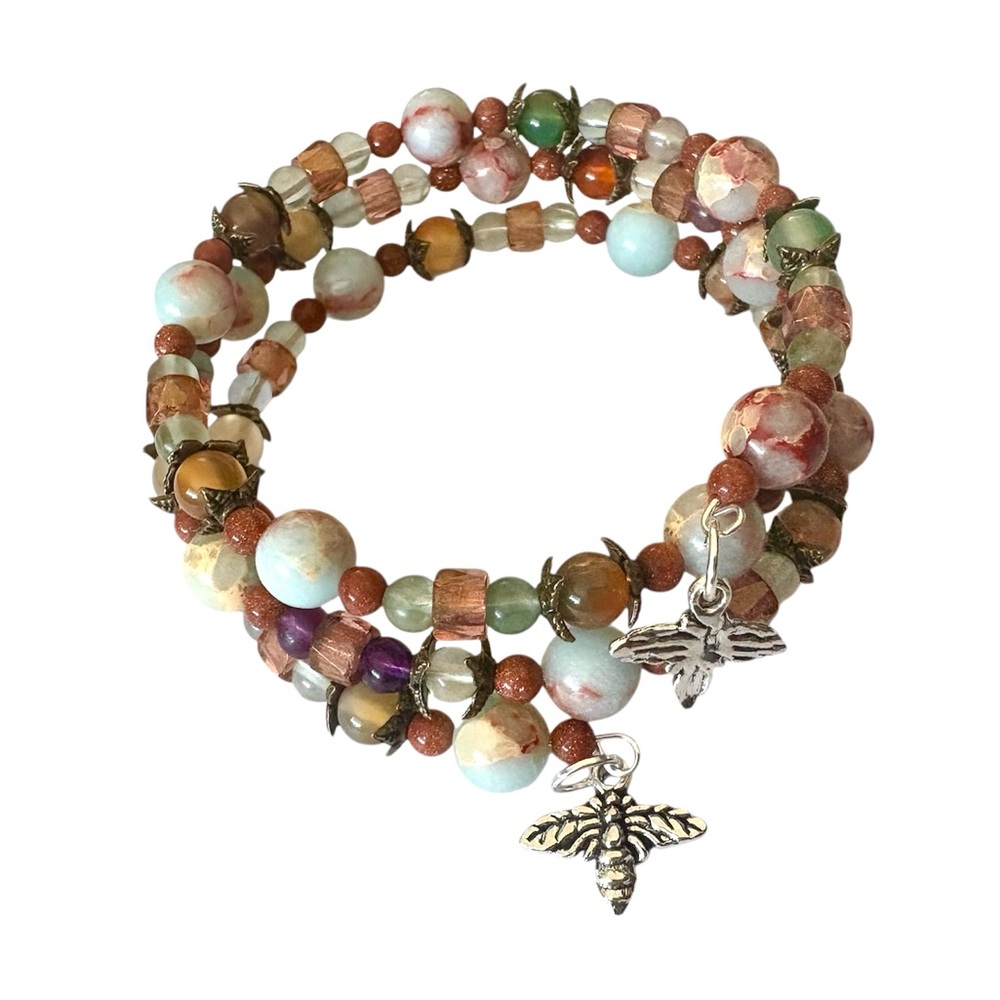 Imperial Jasper, Czech Glass, Goldstone and Peacock Agate Wrap Bracelet - Picture 5 of 5